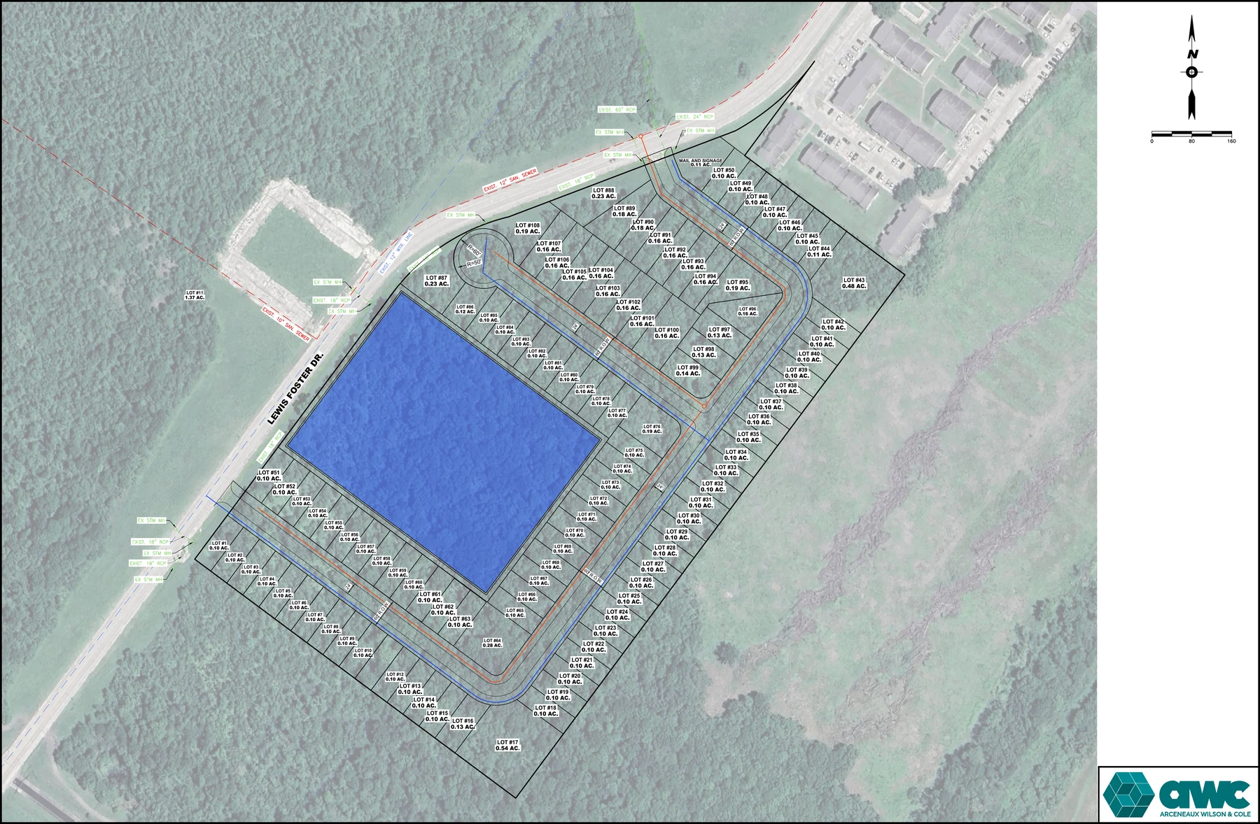 Engineering site plan of The Wharf Subdivision showing 108 numbered lots on a loop street around a central detention lake fronting Lewis Foster Drive in Port Arthur, Texas